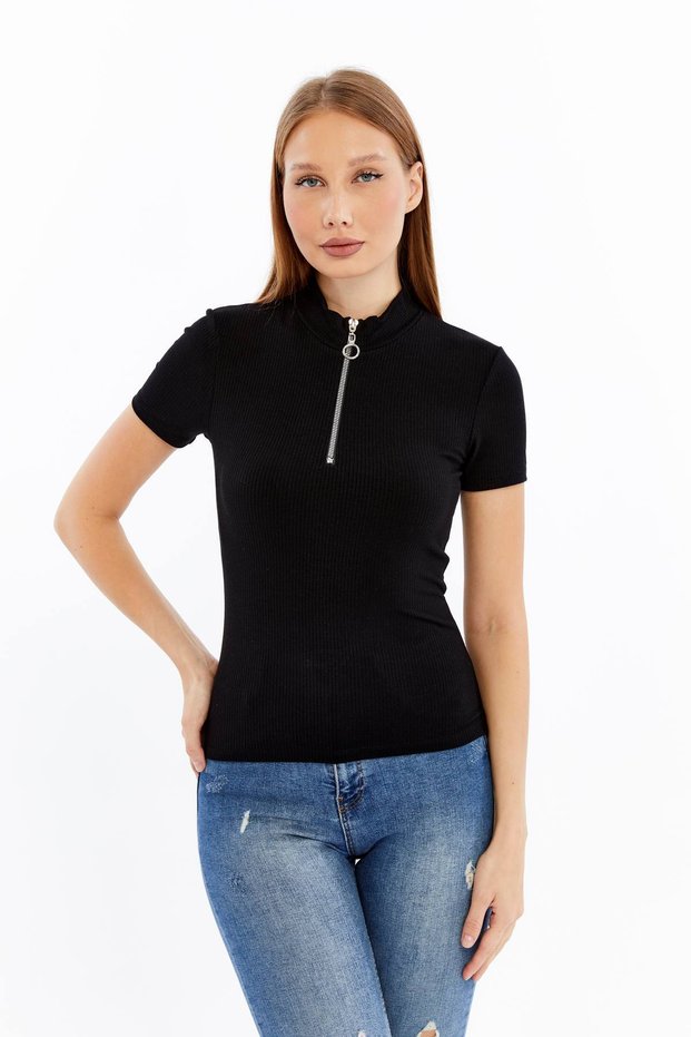 Women's Short Sleeve Half Zipper Slim Fit Tshirt
