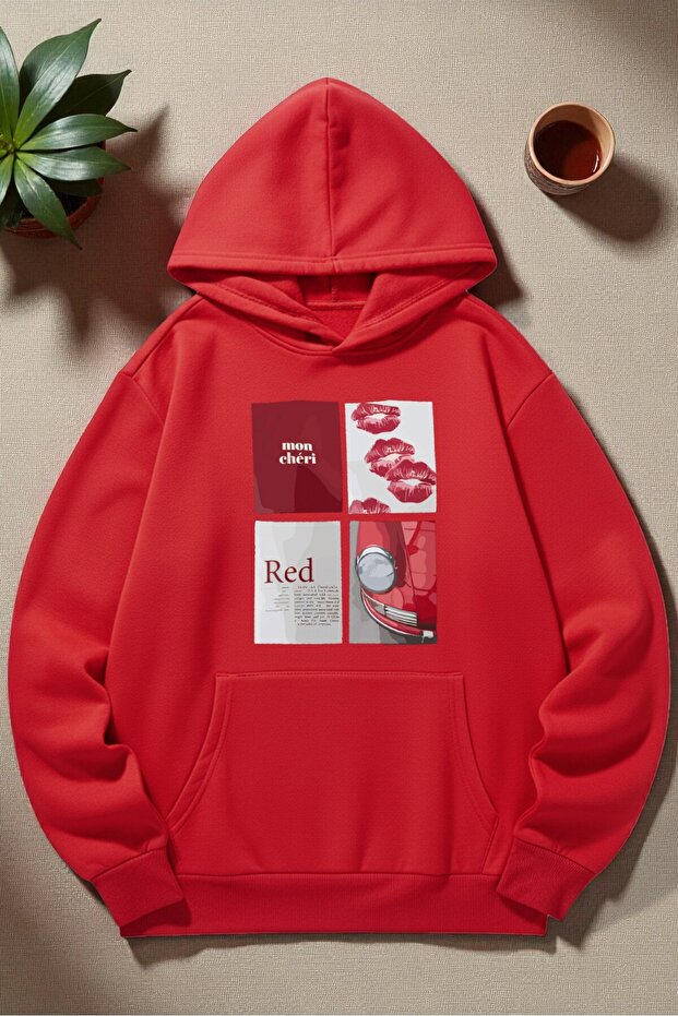 Unisex Red Mon Cheri Printed Hooded Sweatshirt