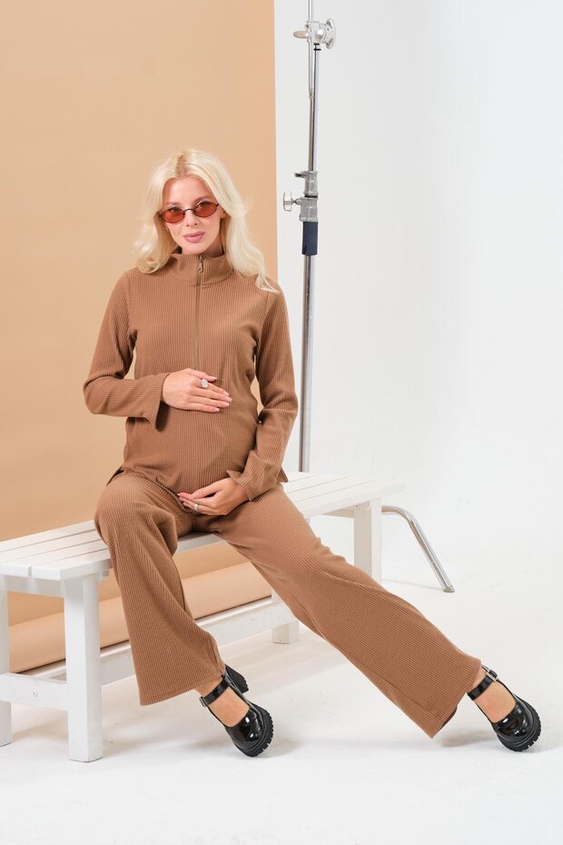 Maternity Thermal Zippered Wide Leg Eyebrow Corset Tracksuit Set Brown