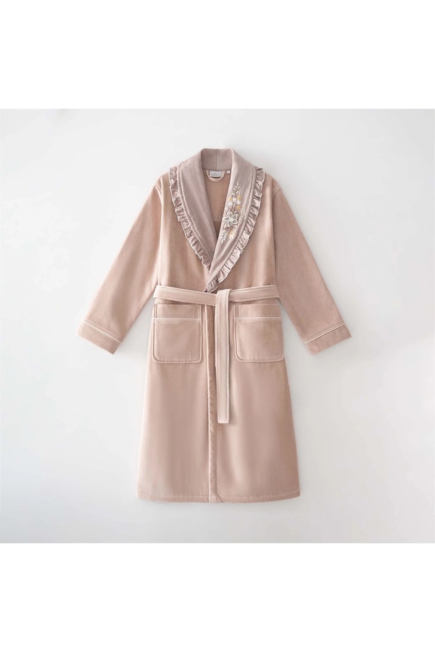 Zaira Women's Bathrobe 100% Organic Cotton Hand Embroidered Powder
