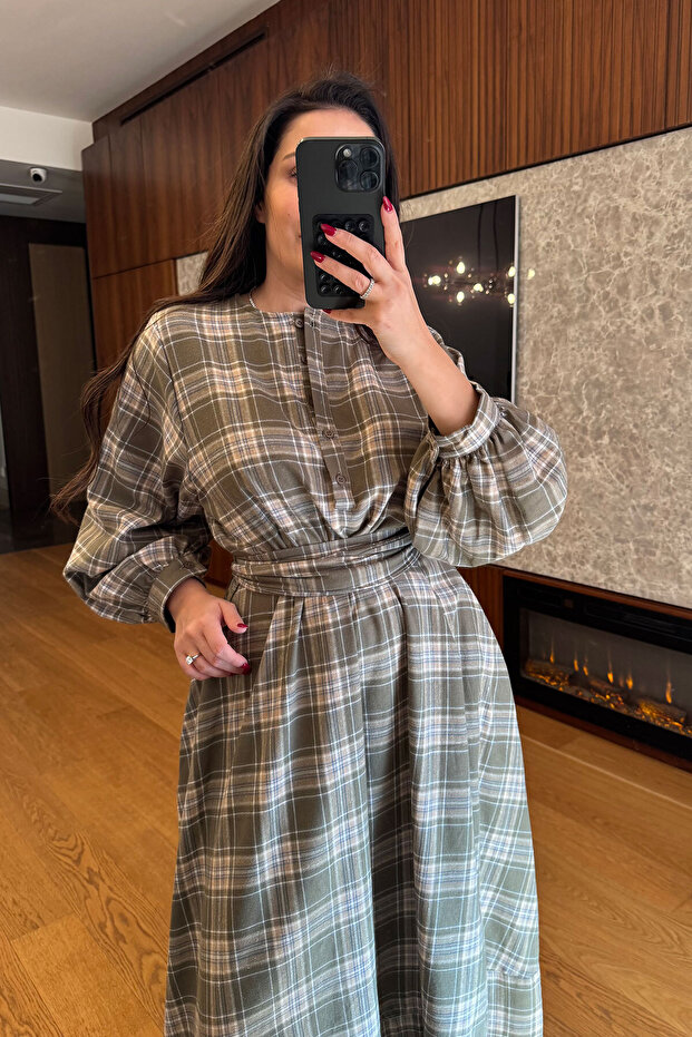 Ekose Gömlek Elbise- HAKİ - 5