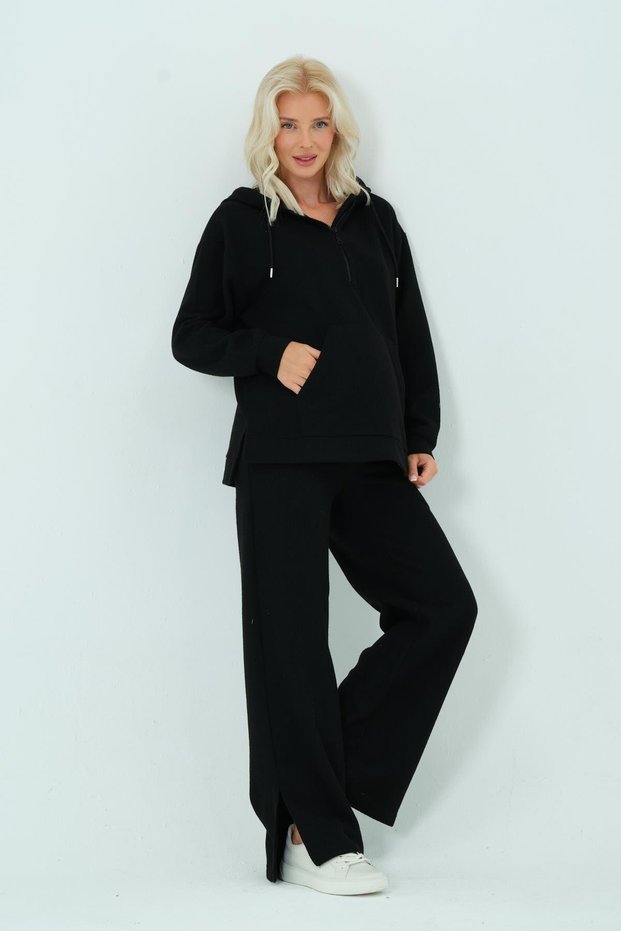 Pregnant Hooded Half Zipper Wide Leg Thessaloniki Double Suit Black