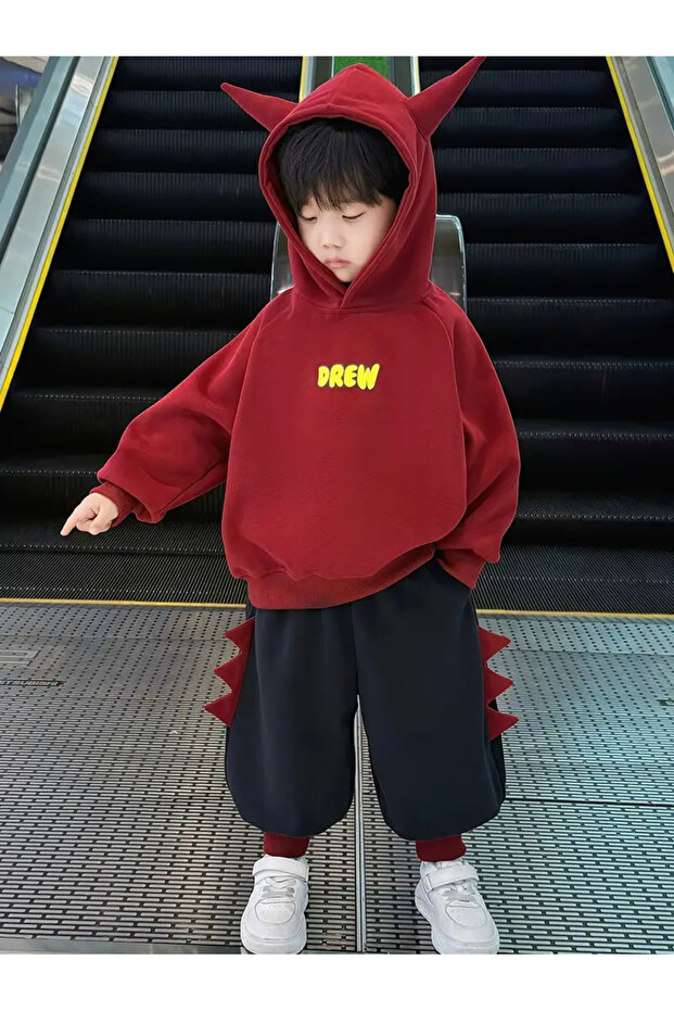 Children's Drew Printed Ear Detailed Oversized Hooded Sweatshirt Tracksuit