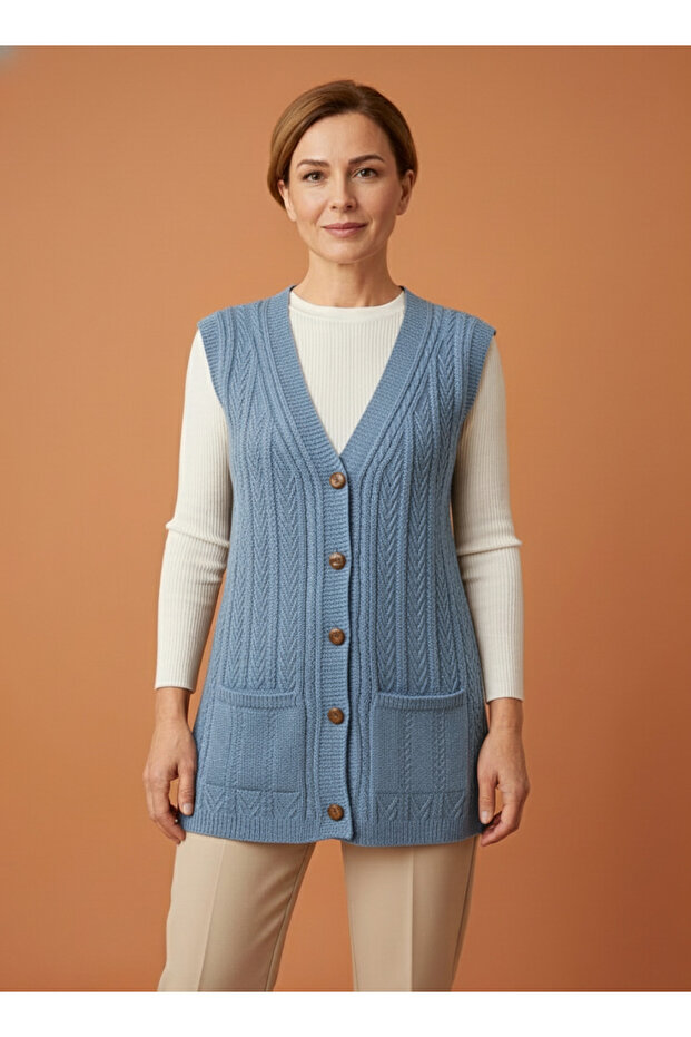 Women's Blue Buttoned Thick Flexible Mother's Knitwear Vest