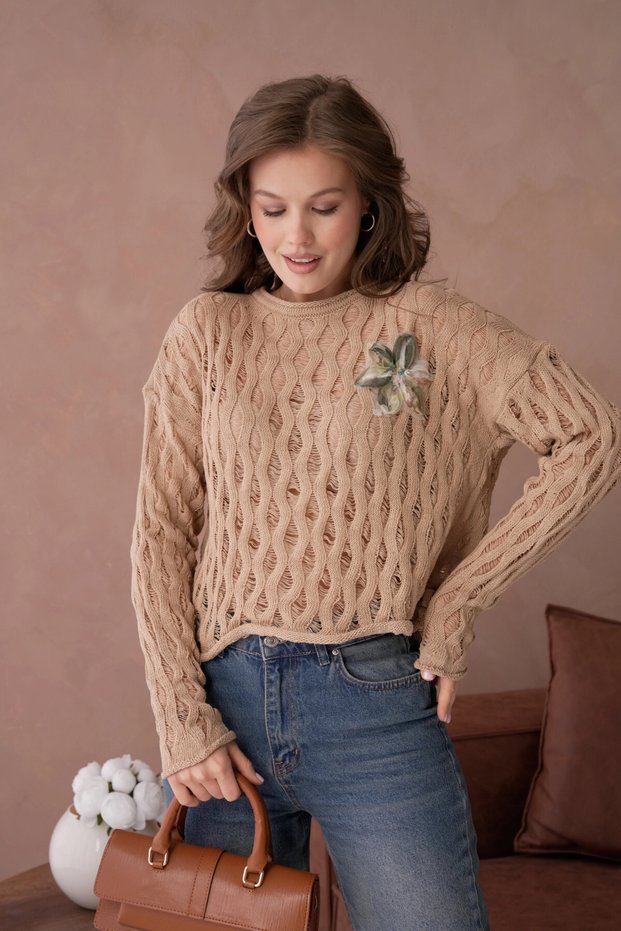 Women's Crew Neck Knit Detail Knitwear Sweater