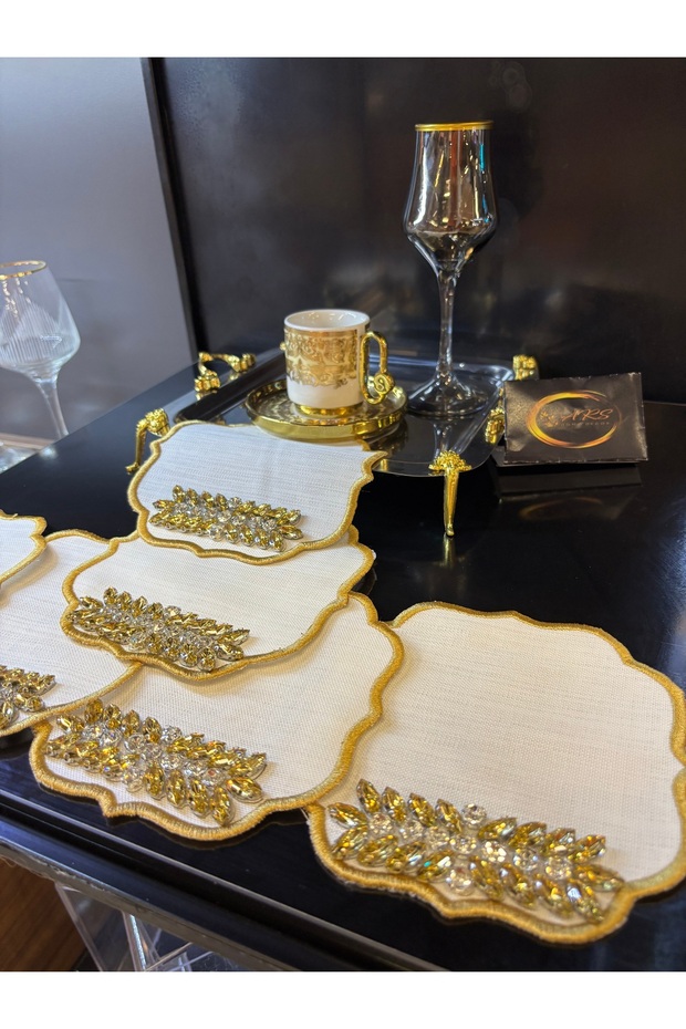 White with Gold Stones 6-Piece Presentation Napkin, Cocktail Napkin with Stripe Stones