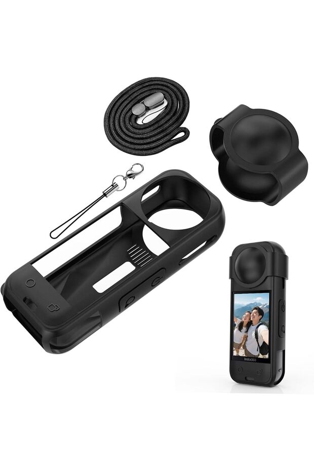 Silicone Case for Insta360 X5 with Lens Cap, Strap & Lanyard (Black)