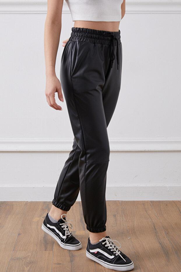 Faux Leather Elasticated Cuff Trousers - 2