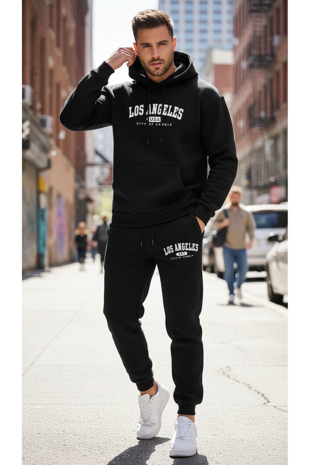Men's Los Angeles Printed 3 Thread K Hooded Tracksuit Set of Oversized Relaxed Fit