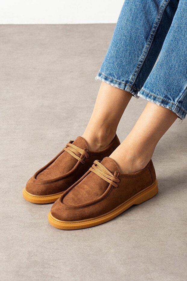 Loriva Tan Suede Belted Gold Buckle Thick Saddle Detailed Loafer Ballet Casual Shoes