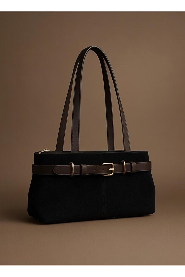 Women’s Leather Belt Detail Black Suede Luxury Shoulder Bag