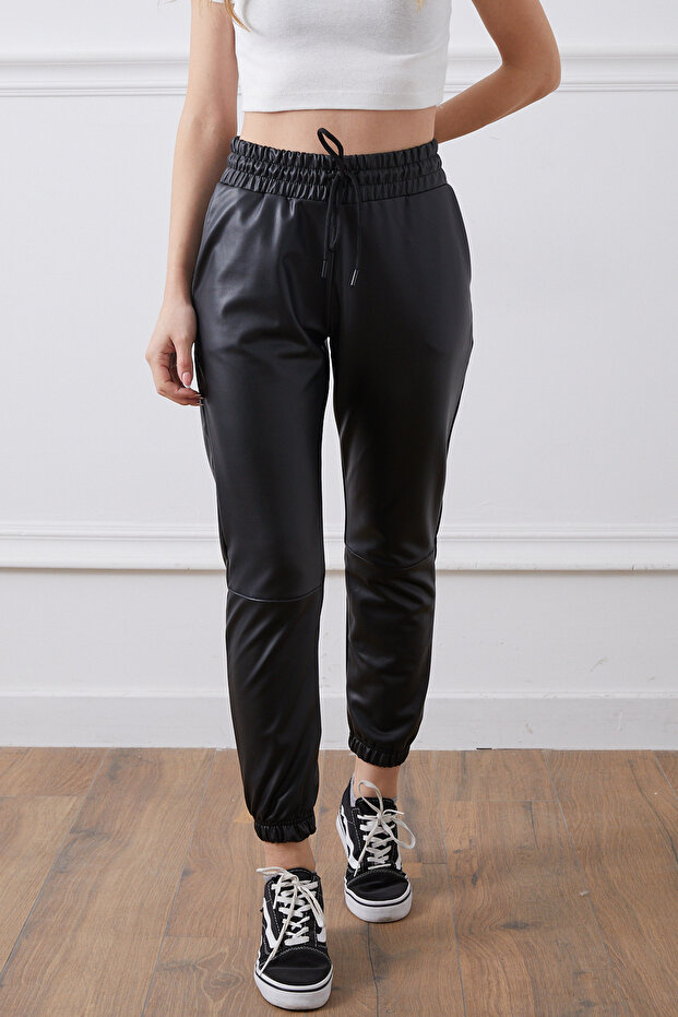 Faux Leather Elasticated Cuff Trousers - 3