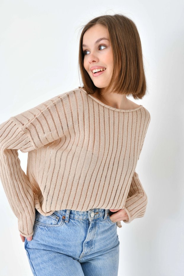Women's Boat Neck Knit Detail Casual Knitwear Sweater