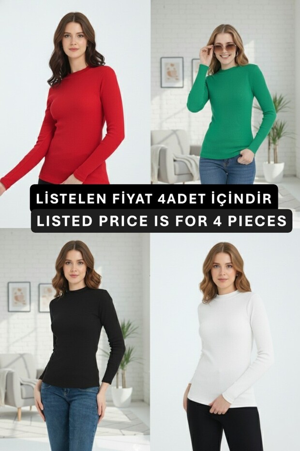Women's 4-Piece Camisole Basic Body Set - Long Sleeve Ribbed Mock Neck Fit-Body-White-Red-Black-Green
