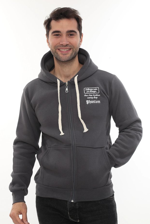 Men's Smoked Standard Fit Regular Cut Full Zippered Hooded Cotton Sweatshirt with Fleece Inside