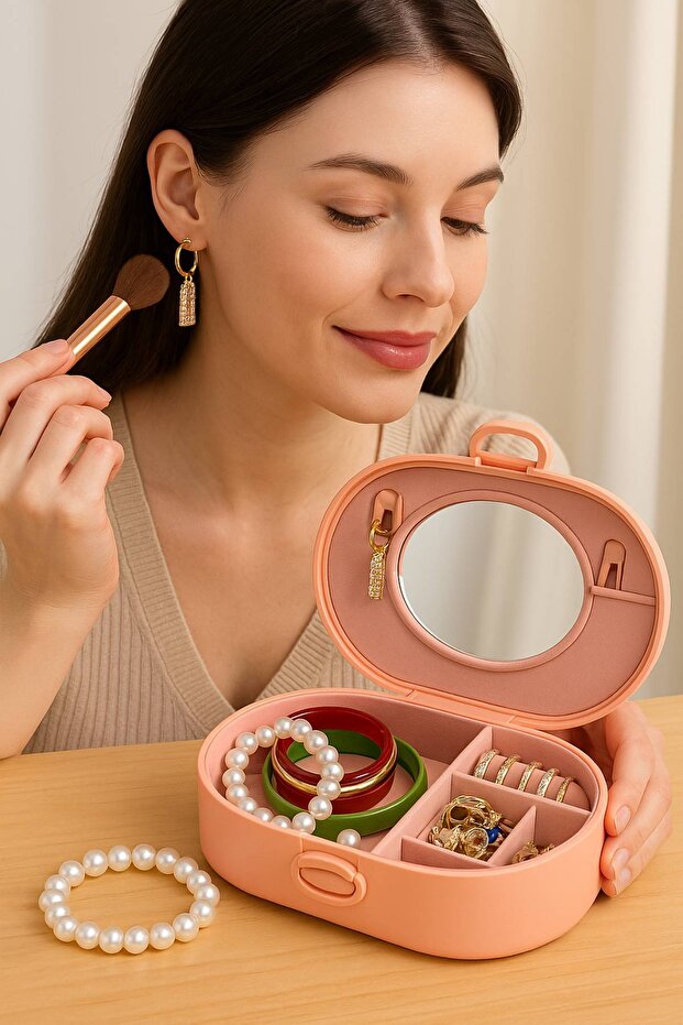 Portable Jewelry Box with Mirror | Women's Makeup & Accessory Organizer Pink Orange Ribbon