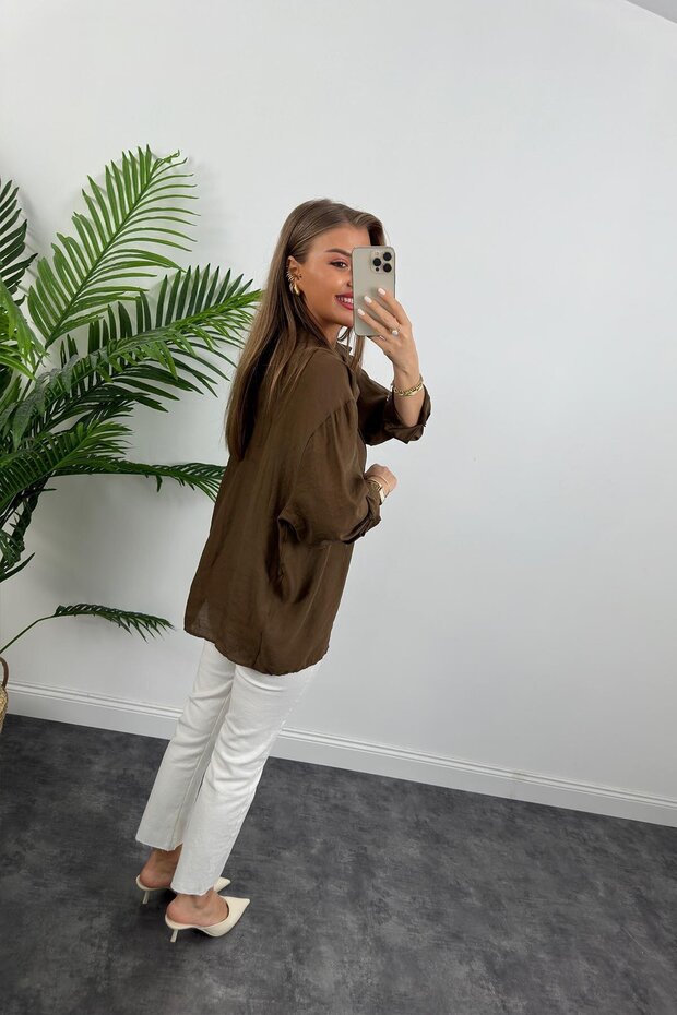 Düşük Omuzlu Kumaş Oversize Gömlek - 5