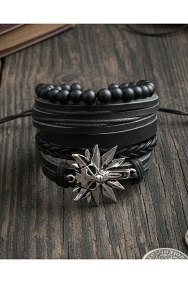 5-Piece Wolf Black Design Genuine Leather Bracelet Men's Bracelet Real Leather Bracelet Set