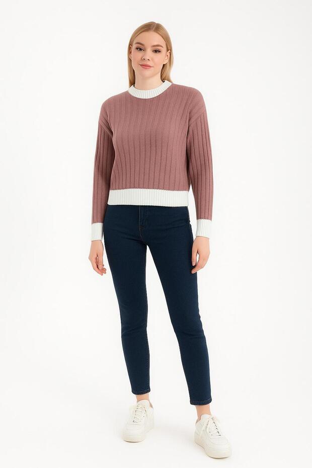 Women's Crew Neck Ribbed and Striped Detail Crop Knitwear Short Sweater