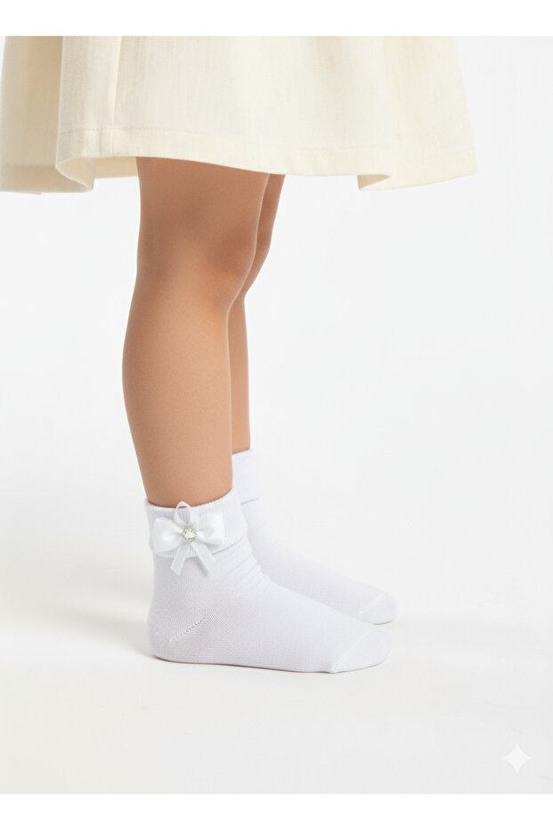 Folded Stone Bow Ankle Length Girls' Socks