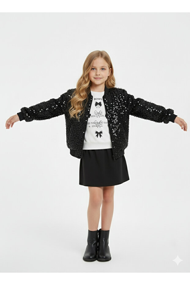 Sequined Zippered Sequined Jacket for Girls
