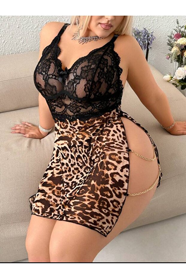 Büyük Beden Leopar Desenli Dantel Detaylı 2’li Gecelik ve Tanga Takım - 1