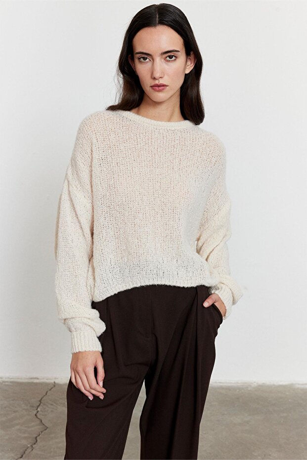 Arkadan Düğmeli Kazak Bej - 1