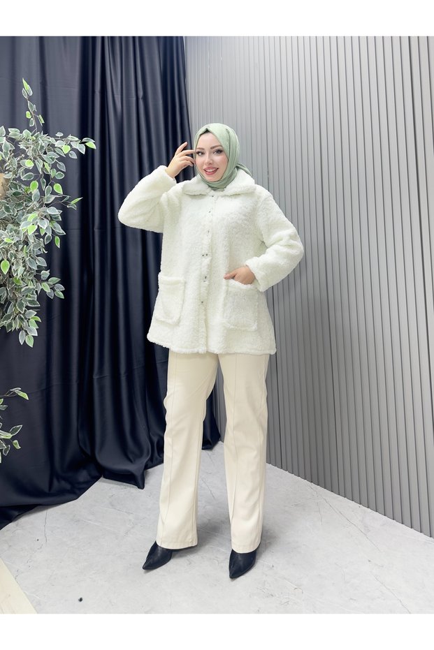 Teddyy Fabric Fur Double Pocket Buttoned Jacket White Color