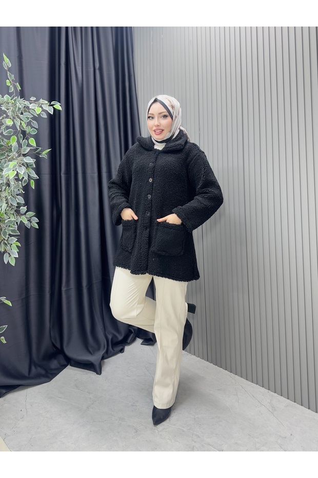 Teddyy Fabric Fur Double Pocket Buttoned Jacket Black Color