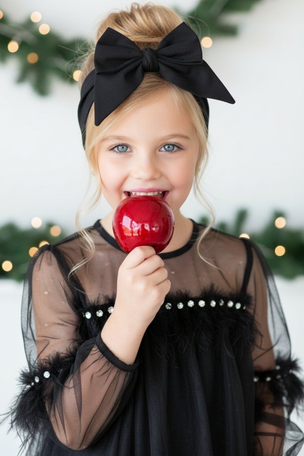 Girl's Black Tie-Dye Detailed Poplin Giant Bow Bandana
