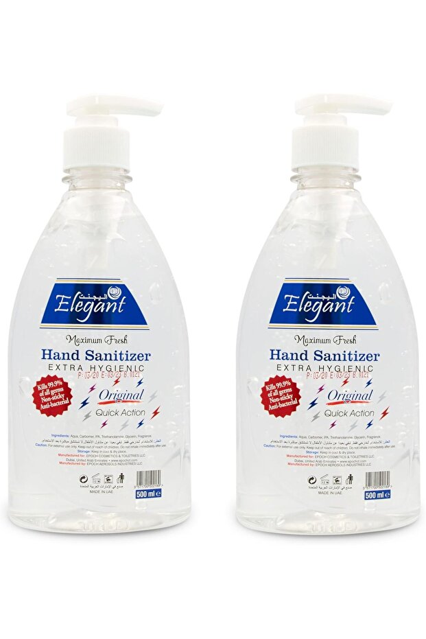Elegant Hand Sanitizer Gel – 500ml – Pack of 2 (Value Pack) – 70% IPA – Moisturizers & Vitamin E