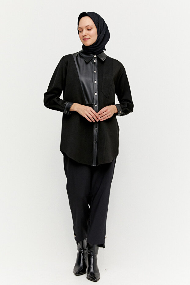 Deri Kombinli Örme Tunik - 1