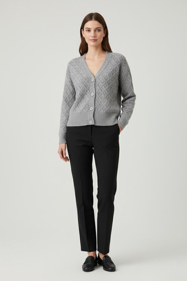 Women's Gray Diamond Patterned V-Neck Buttoned Lace-Like Knit Knitwear Cardigan