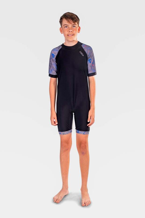 Boys Youth One Piece Swimsuit - Blue Black Fish