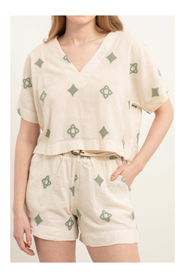 Bordered V-Neck Blouse Mint - 2