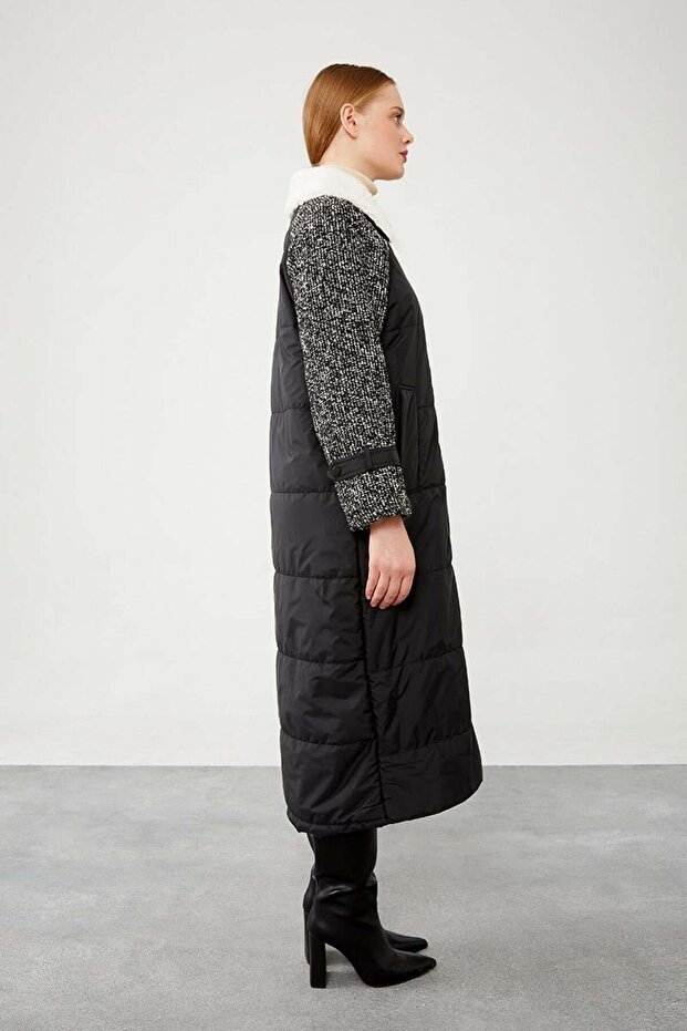 Siyah Örme Kollu Kapitone Şişme Mont - 5