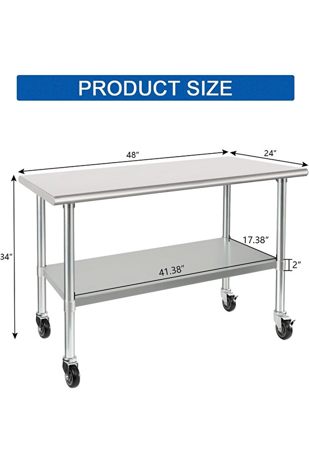 HARDURA Stainless Steel Work Table with Wheels 24 x 48 Inches