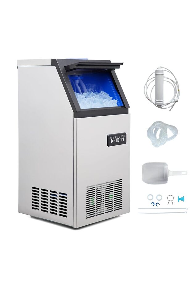 Huisuilinss Commercial Ice Maker Machine, 100lbs/24H, 24lbs Storage, Stainless Steel