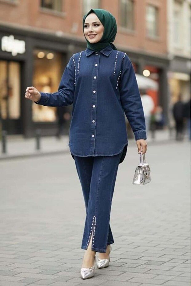 Women's Denim Jacket Pants Two-Piece Denim Navy Blue Set