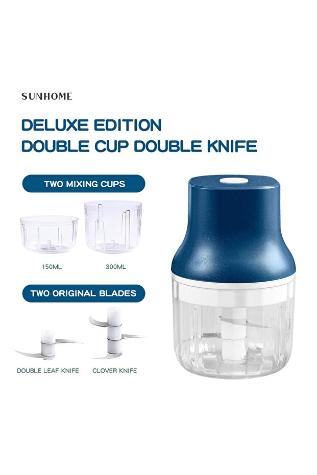 2-in-1 Electric Chopper Mixer Grinder 150ml+300ml 45W SH-188B Blue/Clear