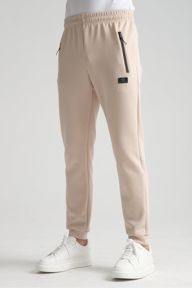Beige Men's Jogger Sweatpants with Pocket Detail