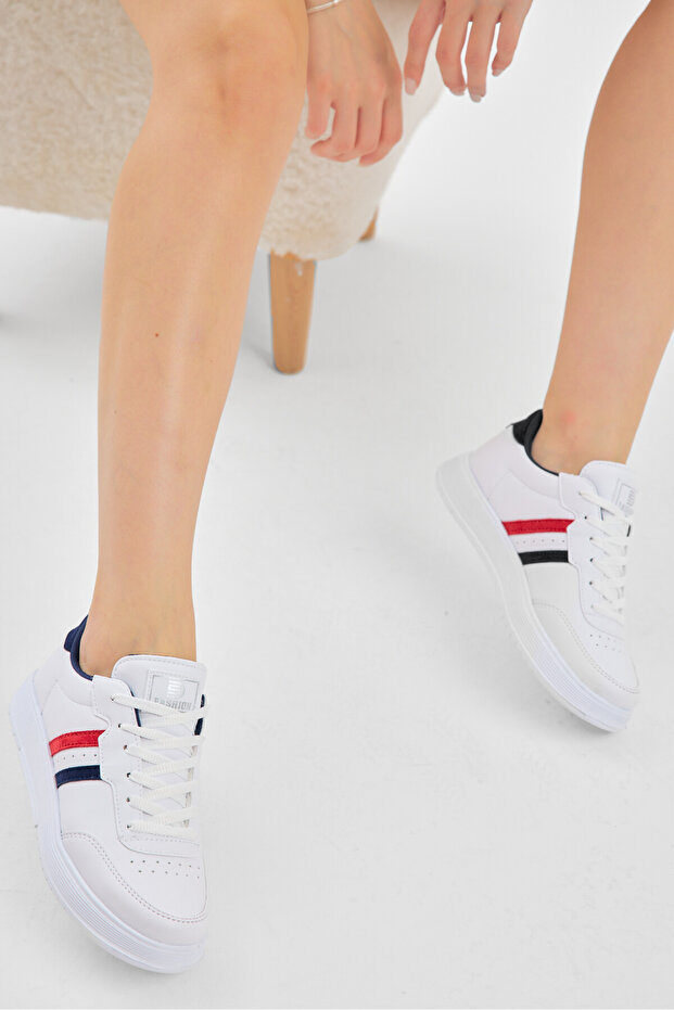 Unisex White Red Thick Faylon Light Sole Striped Lace-Up Sneakers