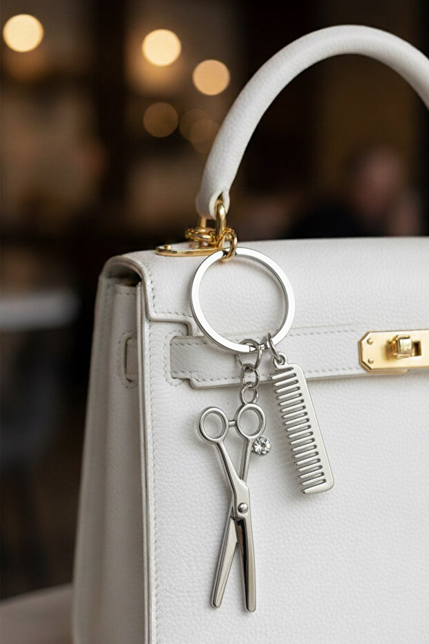 Hairdresser Themed Single Stone Detail Scissors Comb Bag Accessory Keychain