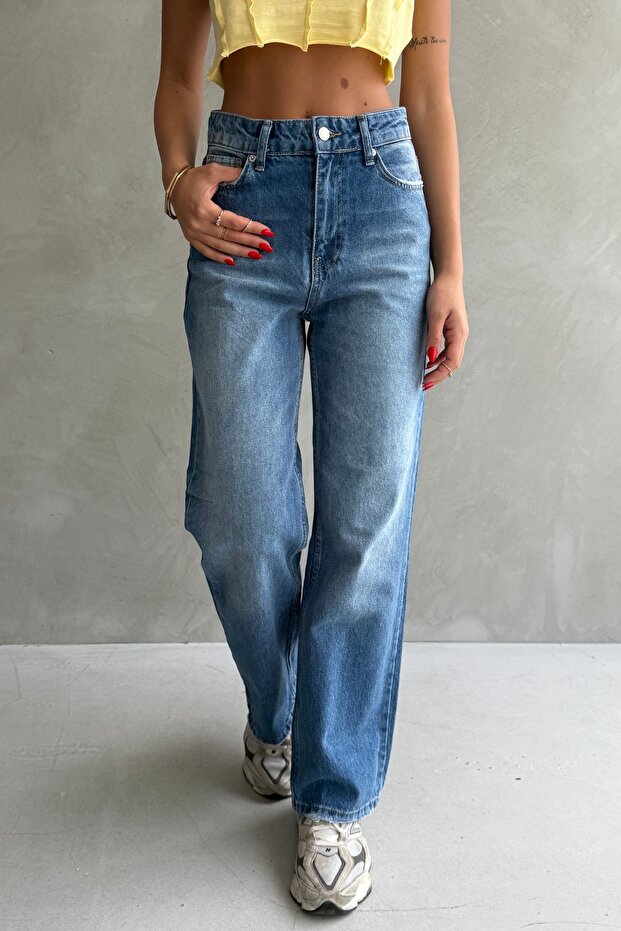 Blue High Waist Loose Fit Denim Pants