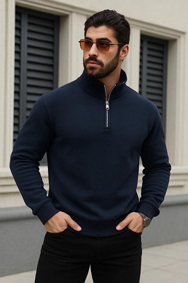 Men's Trend Winter Navy Blue Zippered Sweatshirt