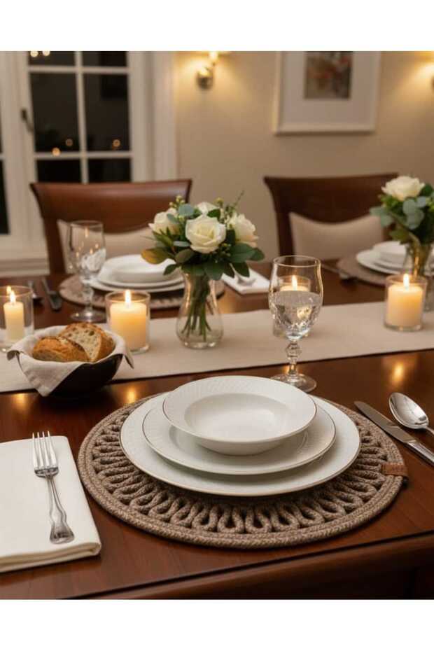 طقم أدوات مائدة أمريكي من الجوت المزخرف بنمط دائري بلون القش - 6 قطع