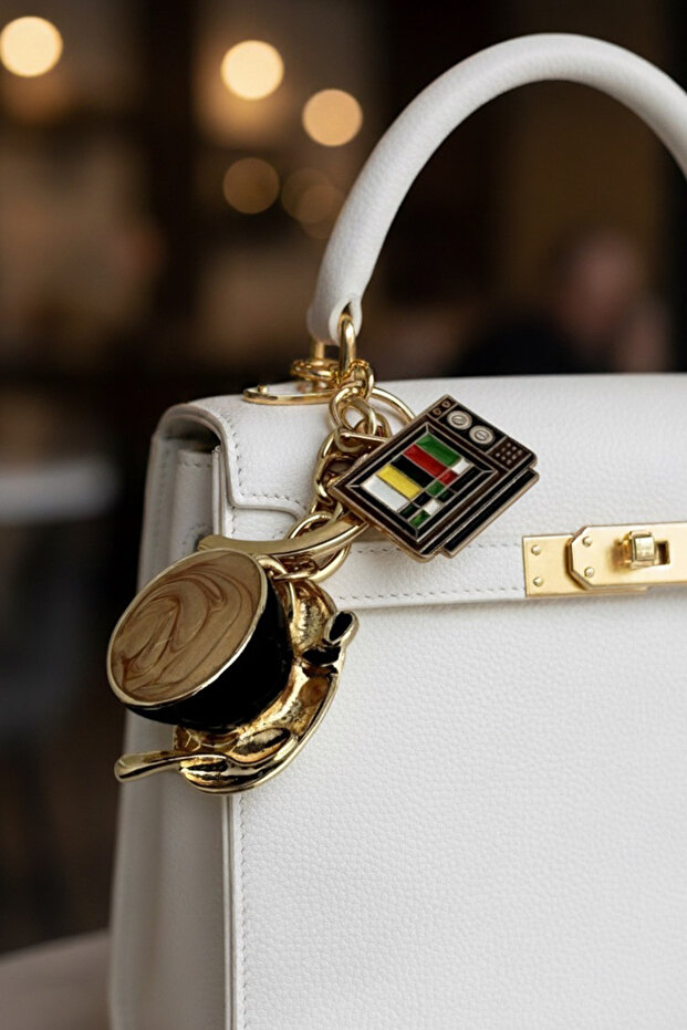 Golden Yellow Radio Cassette Detail Coffee Cup Bag Accessory Keychain