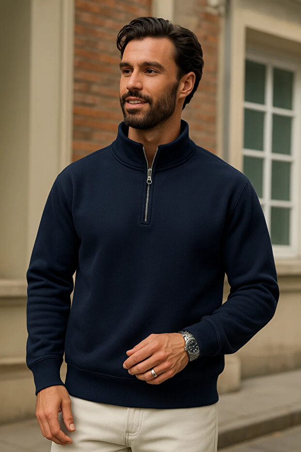 Men's Winter Navy Blue Oversized Zippered Sweatshirt
