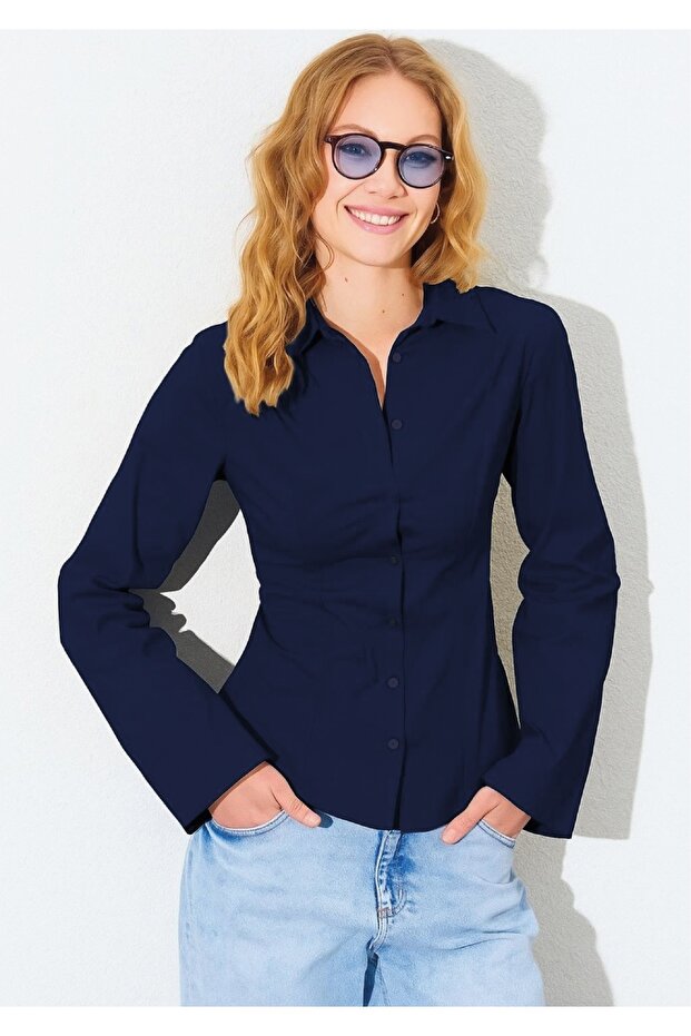 Navy Blue Waist-Sitting Spanish Sleeve 100% Cotton Shirt | Edi̇100161463