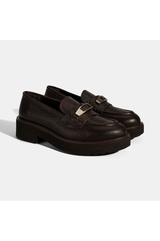 Women's Brown Leather Loafer with Buckle Accessories and Thick Sole